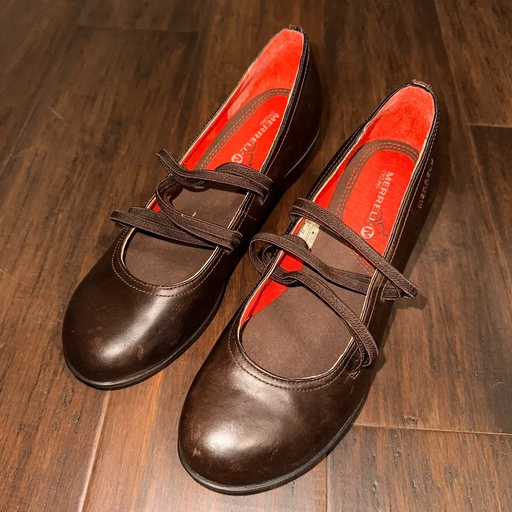 Merrell Evera Cross Mary Jane Brown Leather Comfort Heel Dark Academia Size 7